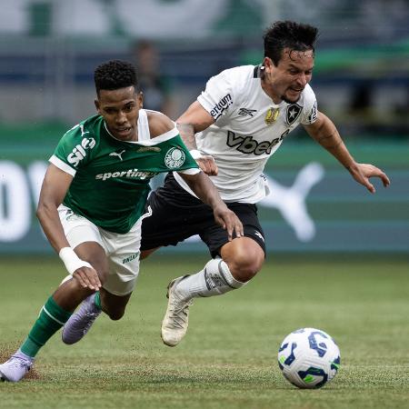 Estêvão e Artur brigam pela bola em Palmeiras x Botafogo
