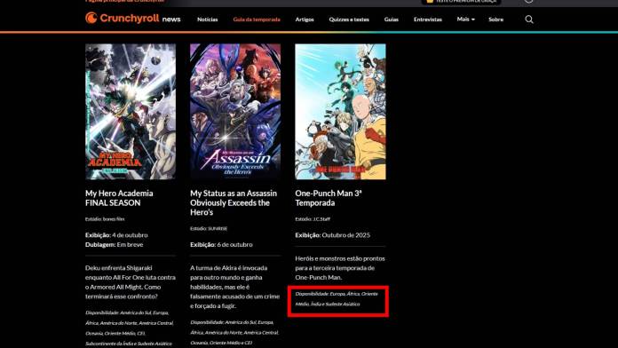Página do Guia da Temporada