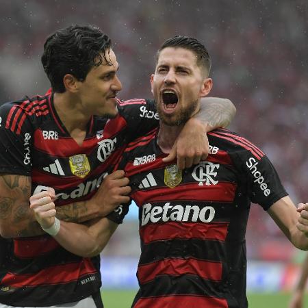 Pedro comemora com Jorginho gol do Flamengo sobre o Palmeiras, em jogo do Brasileirão Pedro comemora com Jorginho gol do Flamengo sobre o Palmeiras, em jogo do Brasileirão