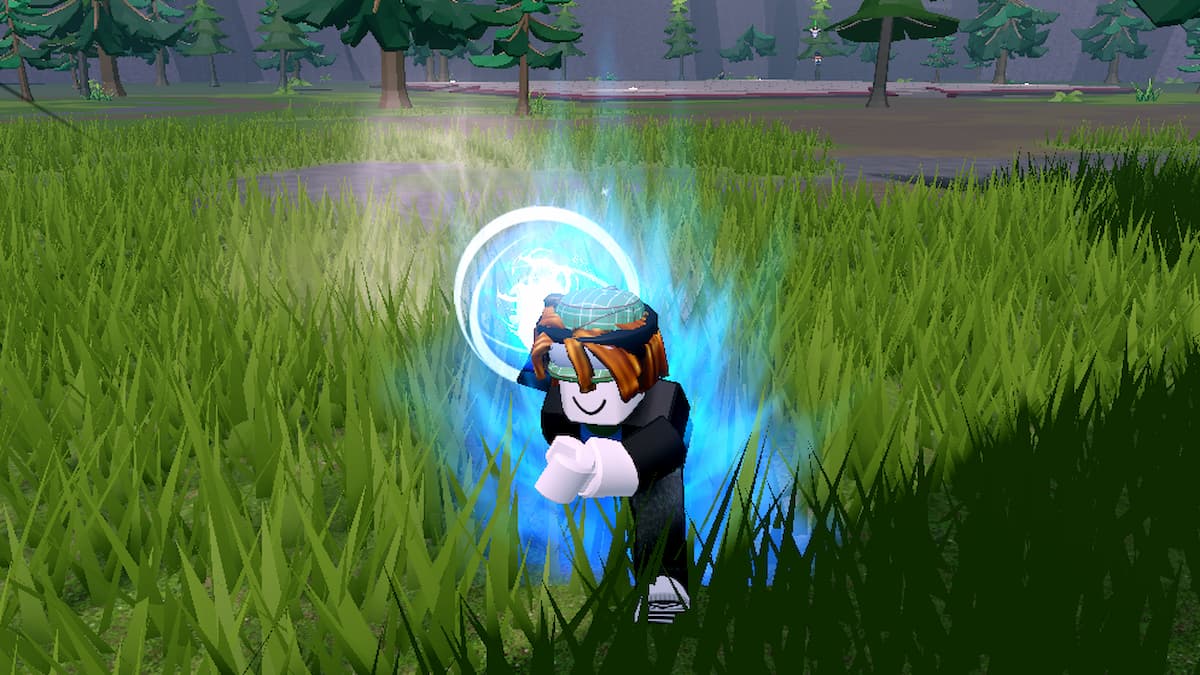 Roblox Ninja Battlegrounds Wielding A Blue Energy Ball In Right Hand Surrounded By Grass