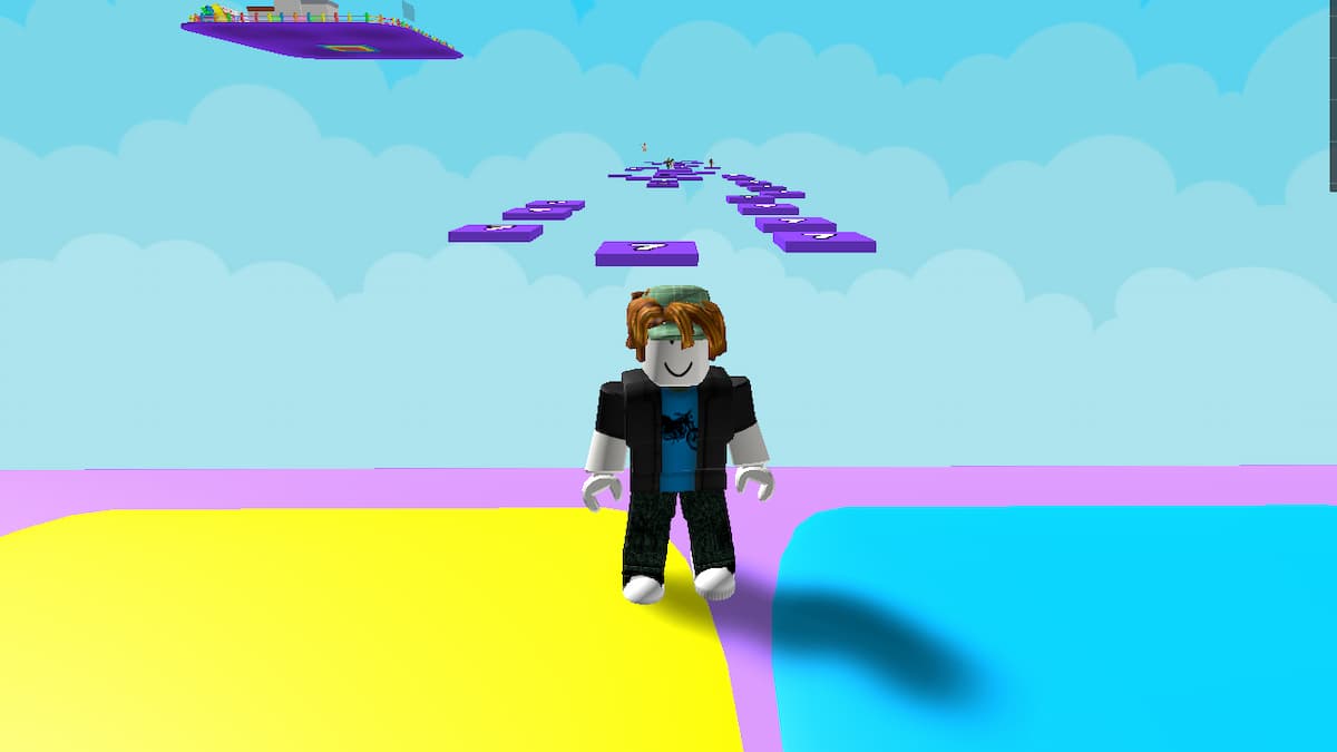 Roblox Free Ugc Math Block Race Standing With Purple Platforms Behind Avatar