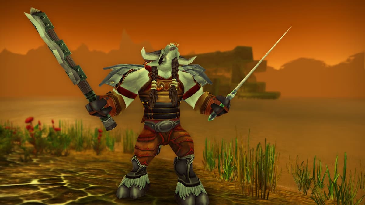 Wow Classic Phase 3 Warrior Wielding Two Swords Howling Into Dusk