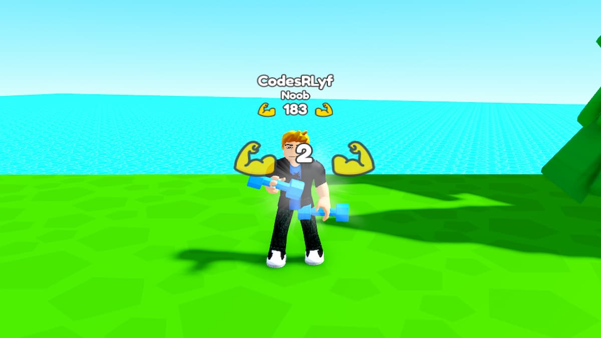 Roblox Bicep Simulator Holding Blue Weights On Grass