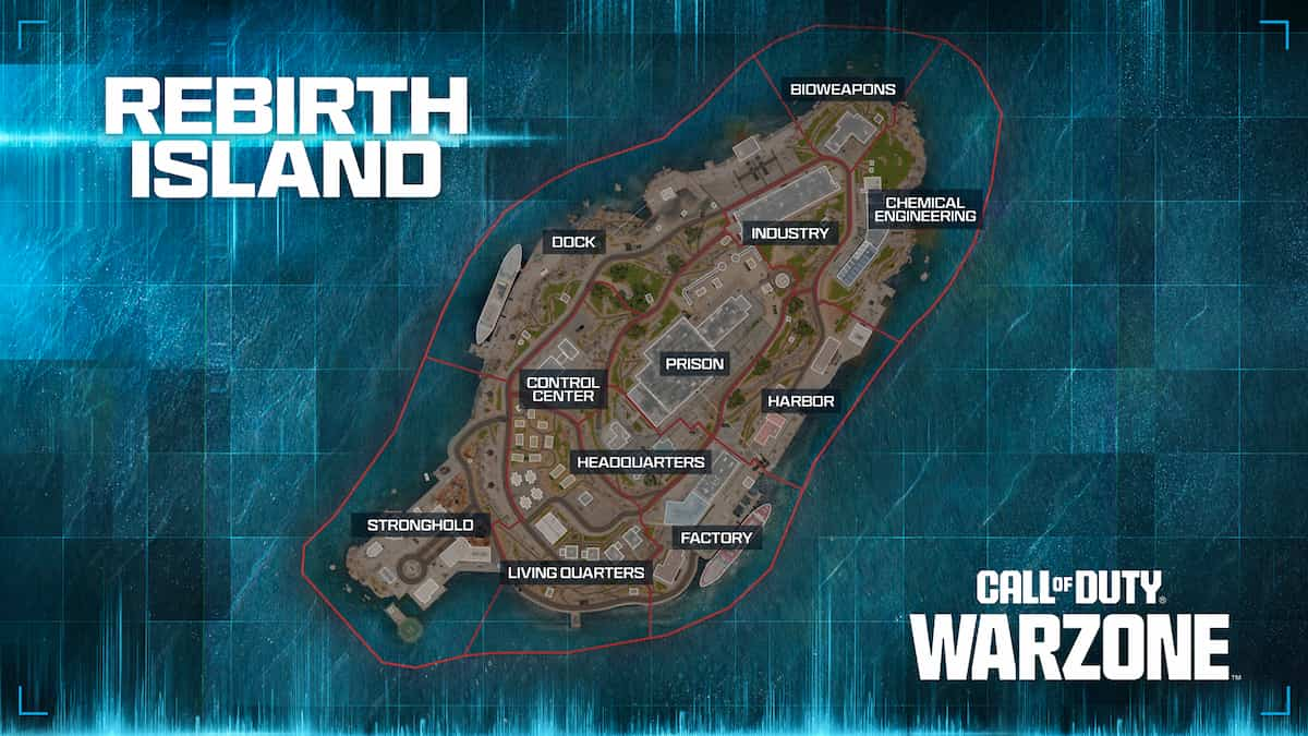 Map showing off main locations and areas of MW3 Rebirth Island