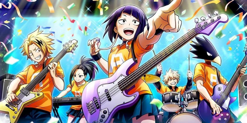 Official Art of the U.A. Band from My Hero Academia: Denki Kaminari, Momo Yayaoruzu, Kyoka Jiro, Katsuki Bakugo and Fumikage Tokoyami