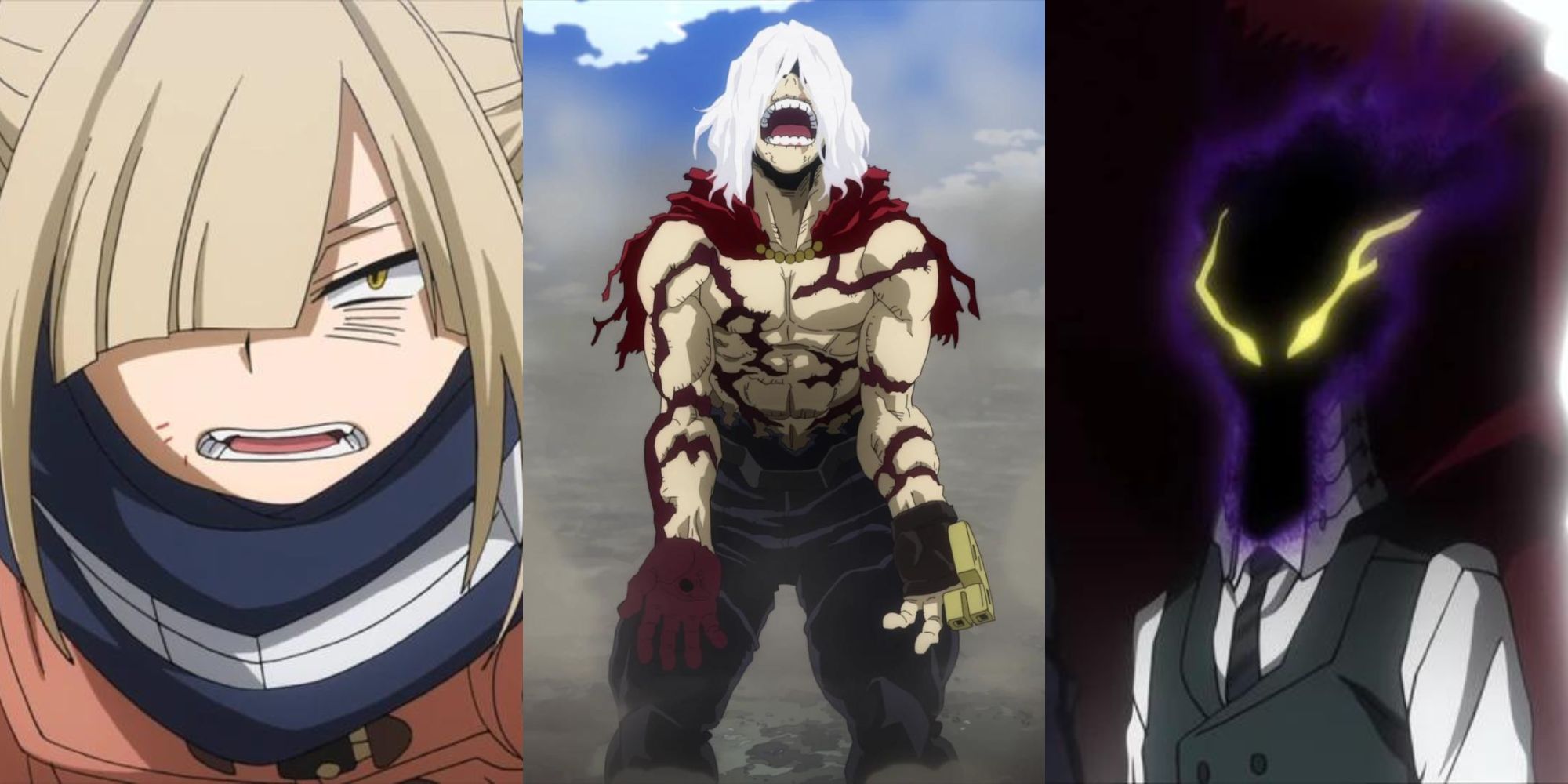 A collage of 3 My Hero Academia villains who could be rehabilitated at the end: Himiko Toga, Tomura Shigaraki and Kurogiri.