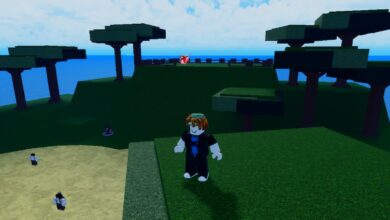 Roblox Second Piece Standing On A Tree Overlooking Enemies In Sand As A Fight Happens In The Background