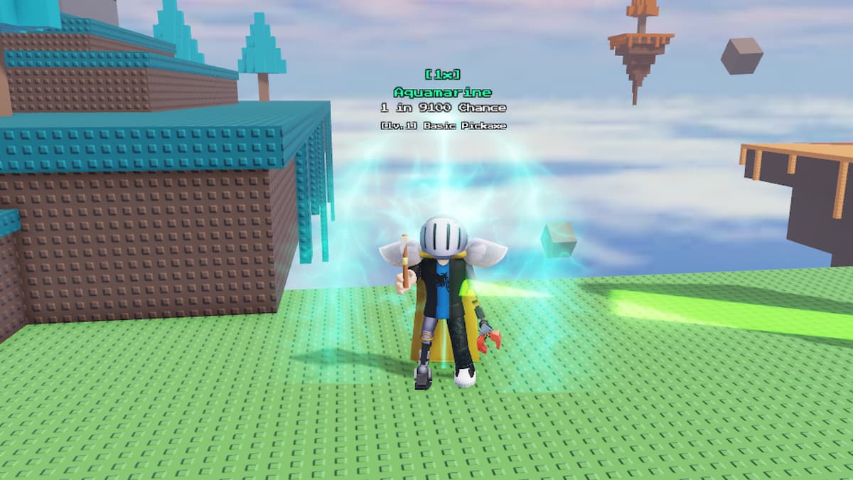 Roblox Mining Rng Standing Holding A Pick Axe In An Aquamarine Aura Cloak