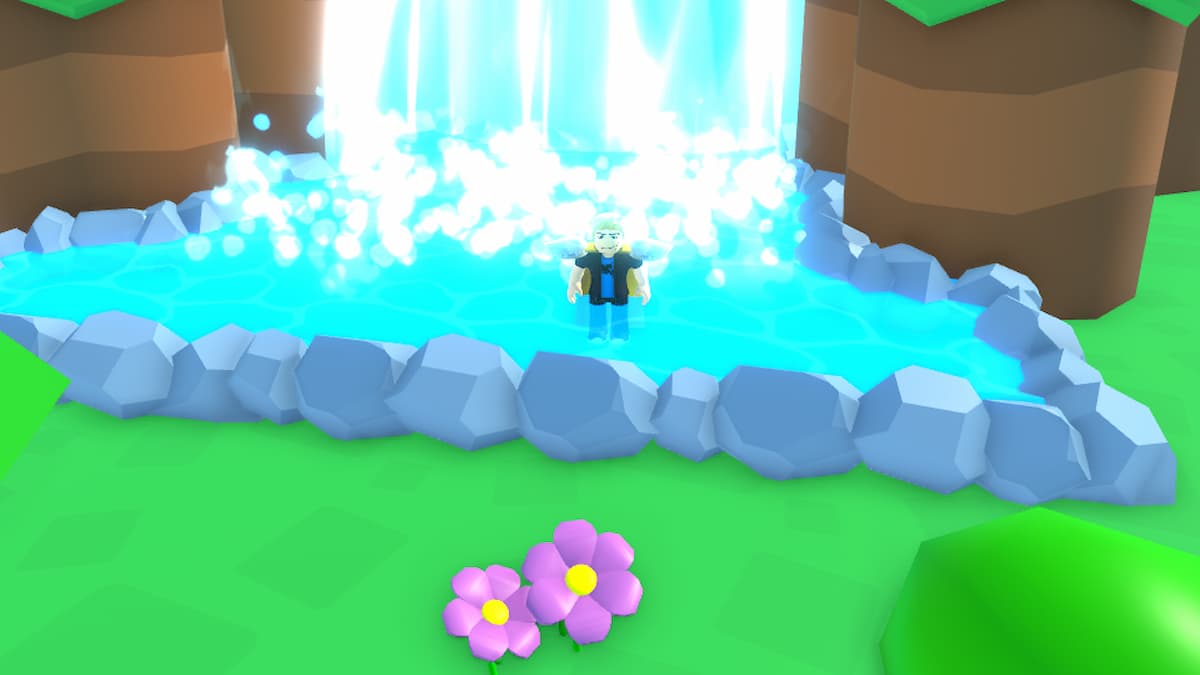 Roblox Insane Button Simulator Standing In Waterfall Pond Near A Purple Flower