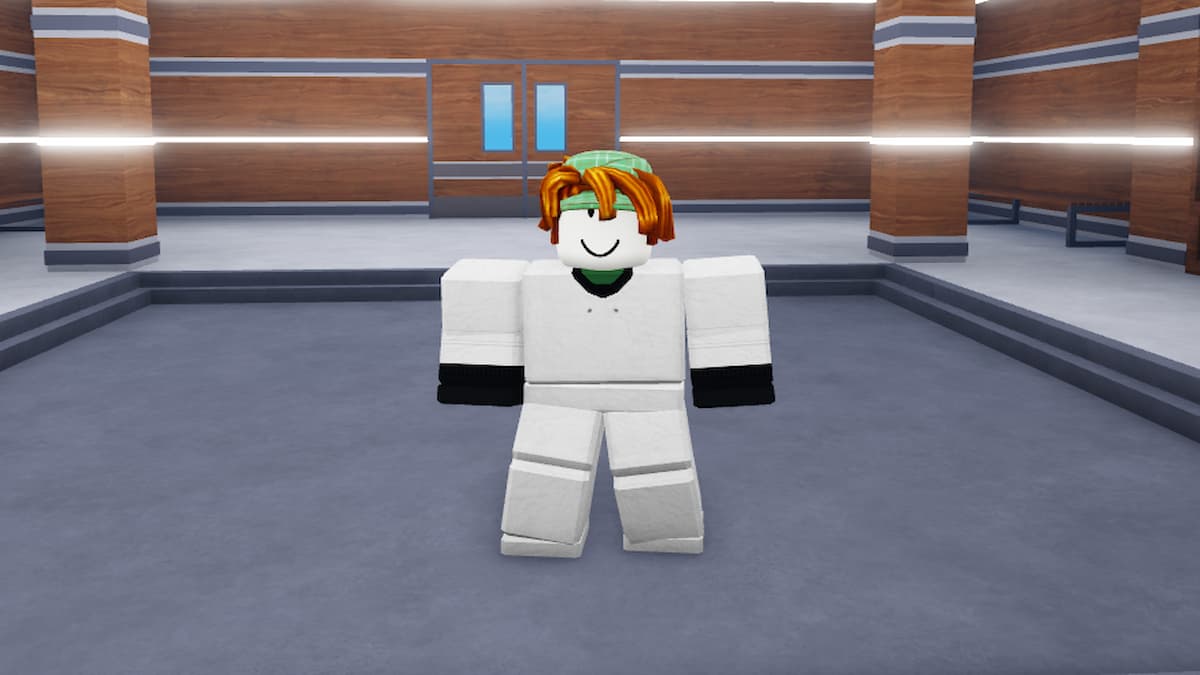 Roblox avatar dressing in hockey whites standing in a locker room