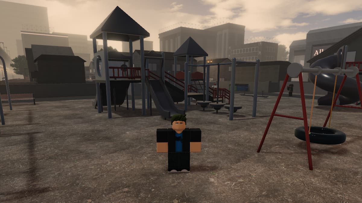 Roblox Kengan Green Haired Avatar Near A Play Park0with Tyre Swing