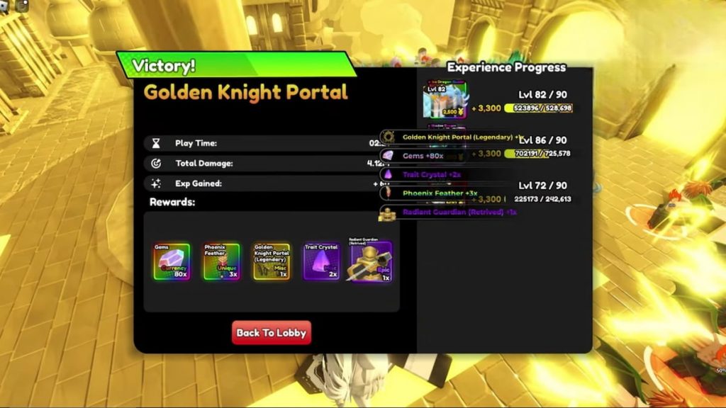 Roblox Anime Defenders Golden Knight Portal Epic Victory Rewards Screen