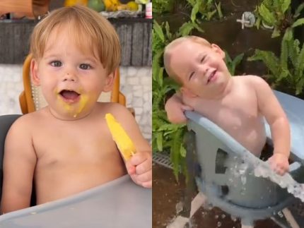 Poliana Rocha mostra José Leonardo tomando banho de mangueira: “Na casa da vovó pode”